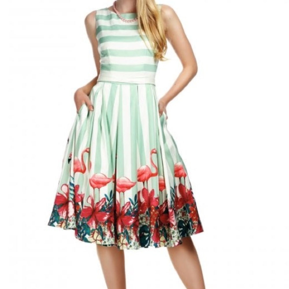 Blue & White Striped Flamingo Dress
